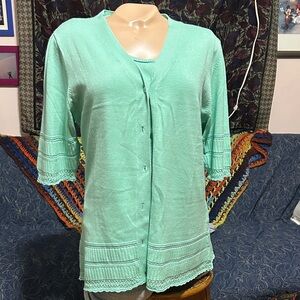 Chadwick’s of Boston Mint Green Cardigan with Lace Trim- 2 piece set w/ tank
